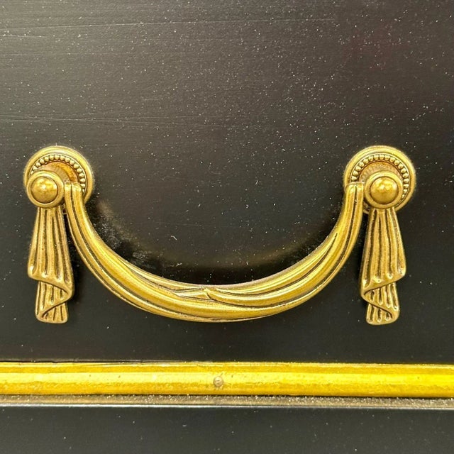 Wood Louis XVI Style, Hollywood Regency, Commodes, Black Painted Wood, Bronze, Marble For Sale - Image 7 of 11