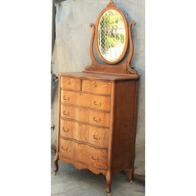 1900s Antique American Tiger Oak Tall Serpentine Highboy With Mirror