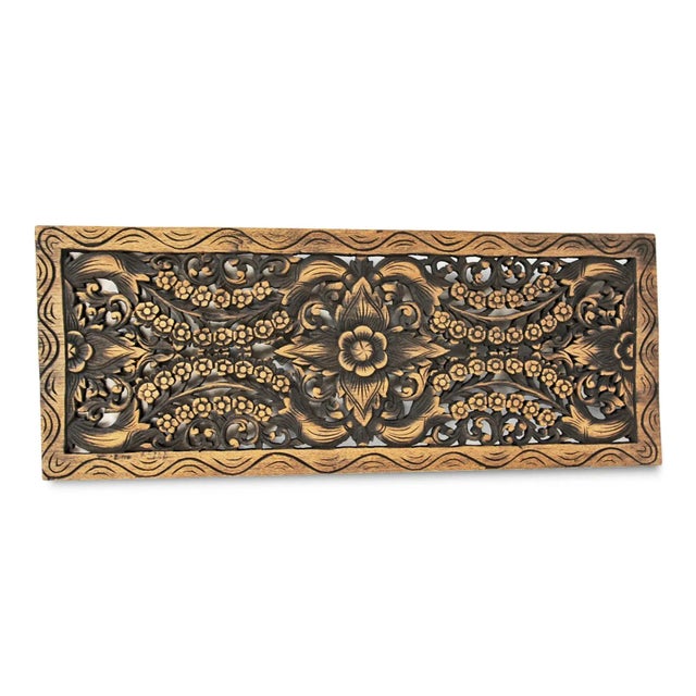 Hand carved vintage teak wood Burmese panel with antique brown finish. Traditional intricate floral designs used for...