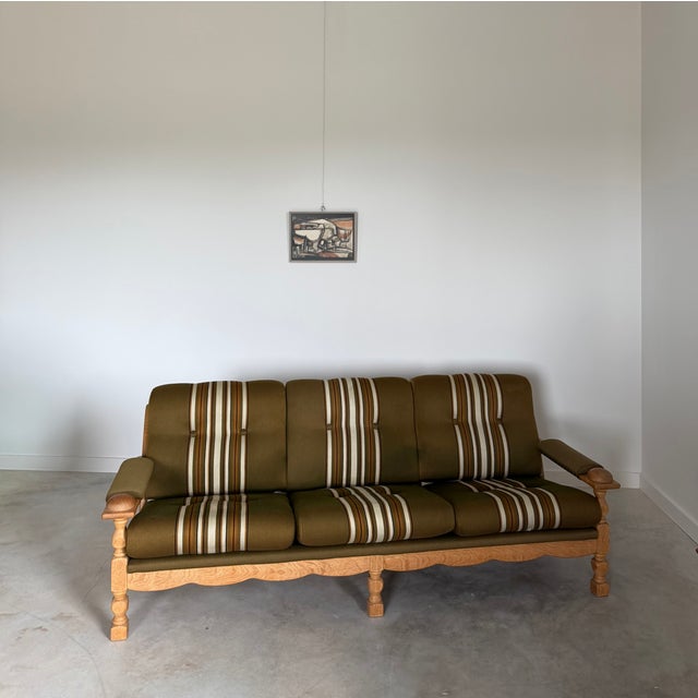 Guillerme et Chambron Scalloped Carved Turned Danish Oak Henning Kjærnulf Style Sofa Couch Olive Wool For Sale - Image 4 of 16