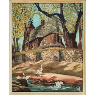 1980s "Country Manor With Geese" Landscape Oil Painting, Framed For Sale