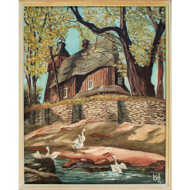1980s "Country Manor With Geese" Landscape Oil Painting, Framed For Sale