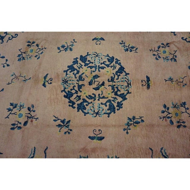 1930s Pink Rose Medallion Oriental Antique Chinese Peking Knotted Rug 8' X 10' For Sale - Image 4 of 8