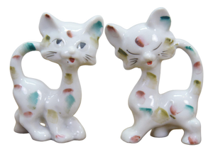 Mid Century Japan Porcelain Long Neck Cat Figurines Calico Splatter Pair 1950s