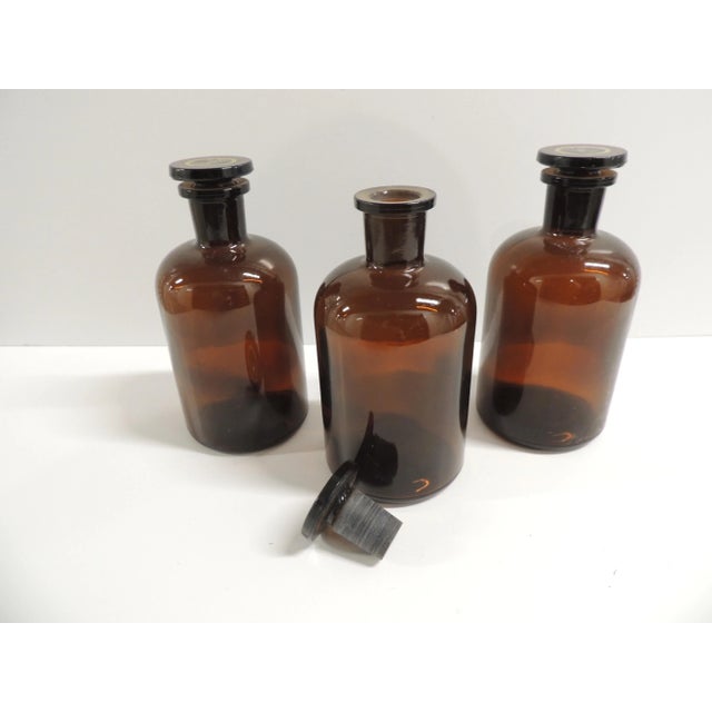 Industrial Vintage Amber Color Glass Pharmacy Apothecary Bottles - Set of 3 For Sale - Image 3 of 5