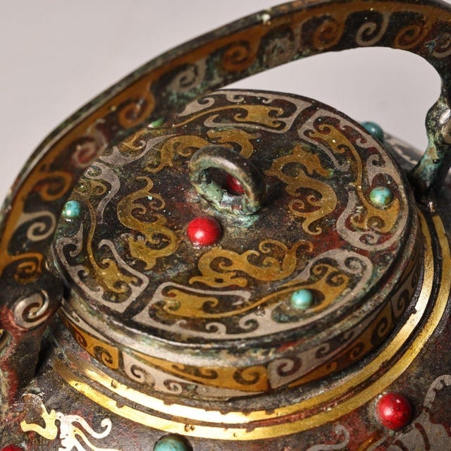 Vintage Bronze Lidded Tripod Ewer With Gold Silver Inlay & Gemstone Inset, Bird Spout Wine Vessel For Sale - Image 10 of 10