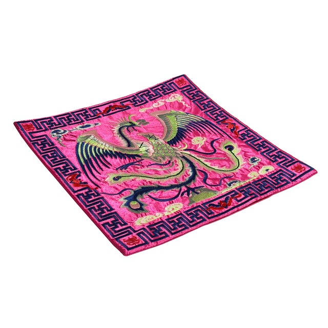 Asian Square Magenta Phoenix Bats Blossom Flower Fabric Display Art For Sale - Image 4 of 8