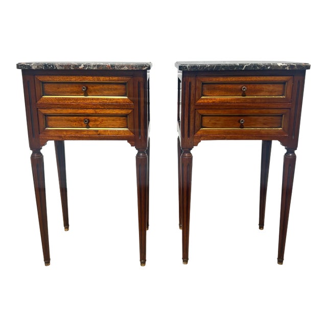 French 19th Century Louis XVI Pair of Walnut Marble Top Night Stands For Sale