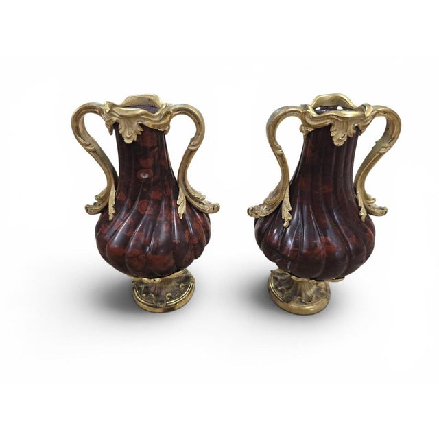 French Turned Red Marble Vases with Gilt Bronze Mounts, 1800, Set of 2 For Sale - Image 3 of 11