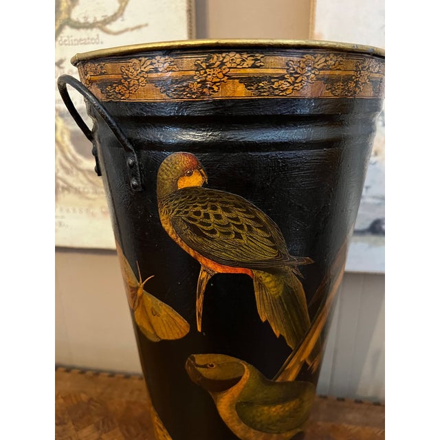 Vintage English Planter Jardiniere Urn Bird Decoupage Black Tole Aviary Décor For Sale - Image 14 of 18