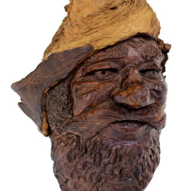 Arts & Crafts Late 20th Century Very Fine Detailed Burl Wood Carving of an Elf or Gnome Face Wall Sculpture MINT For Sale - Image 3 of 10