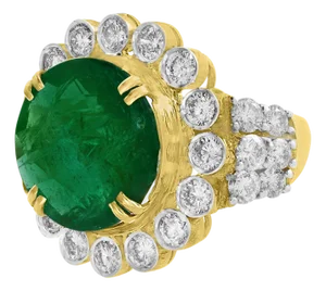 9.8 Carat Round Colombian Emerald and Diamond 18 Karat Gold Ring, Estate