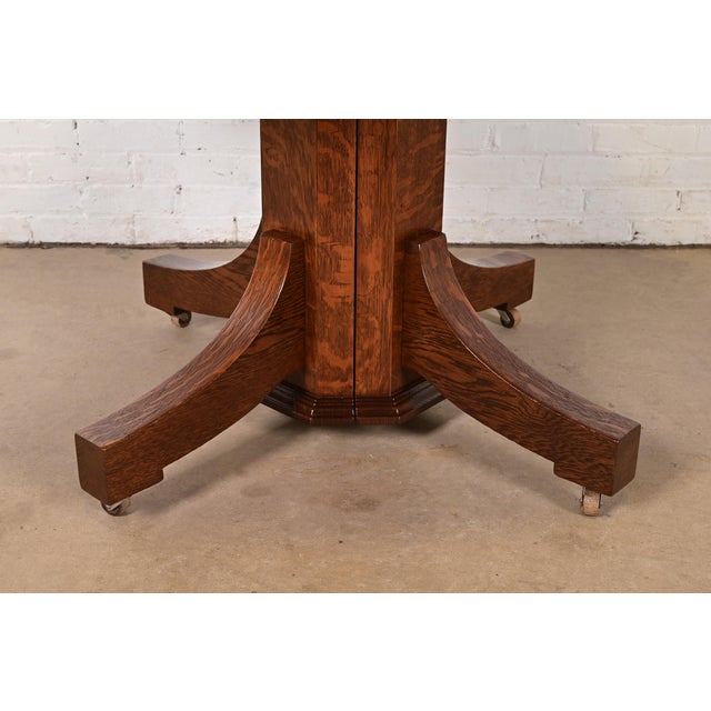 Stickley Brothers Style Antique Mission Oak Arts & Crafts Pedestal Extension Dining Table, Newly Refinished For Sale - Image 11 of 13