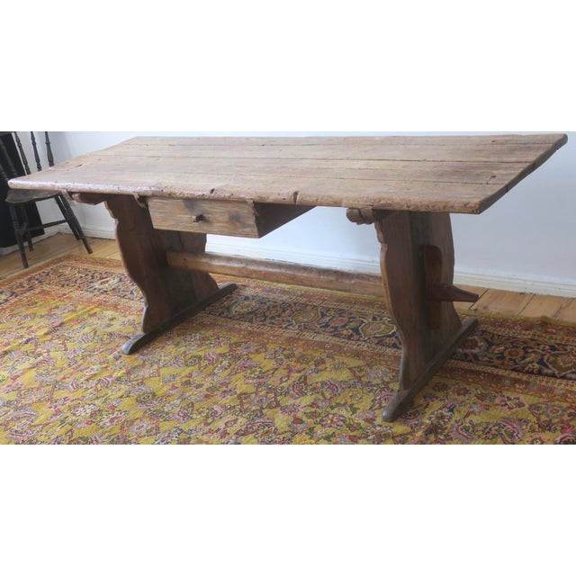 Large Antique Pine Trestle Dining Table with Drawer, 1780 For Sale - Image 4 of 14