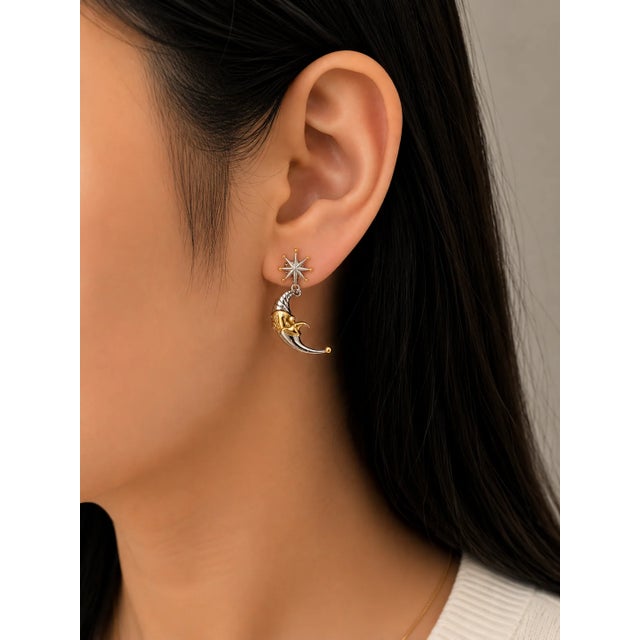 Contemporary Late 20th Century Pair of Sterling Silver 22K Gilded Whimsical Star Moon Mihail Chemiakin Drop Earrings For Sale - Image 3 of 3
