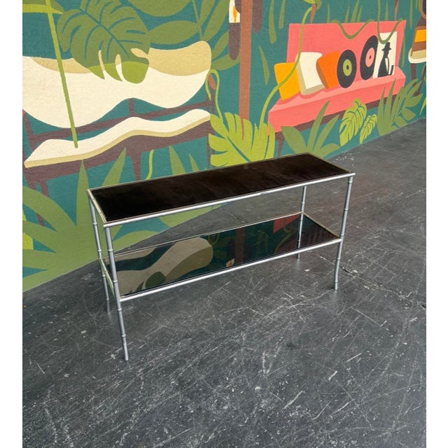 Metal Postmod Chrome Faux Bamboo & Smoked Glass Console Table For Sale - Image 7 of 11