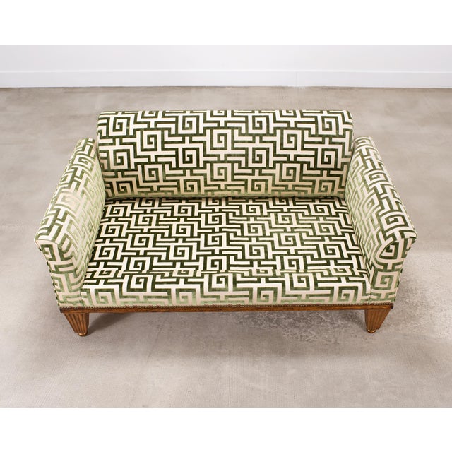Green 20th C. Art Deco Style Greek Key Velvet and Raffia Settee For Sale - Image 8 of 18