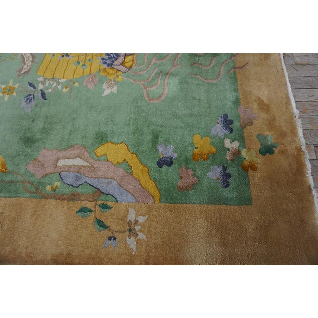 1920s Green Celadon Floral Scene Chinese Art Deco Carpet 4'5'' X 11'9'' Knotted Wool Rug For Sale - Image 10 of 11