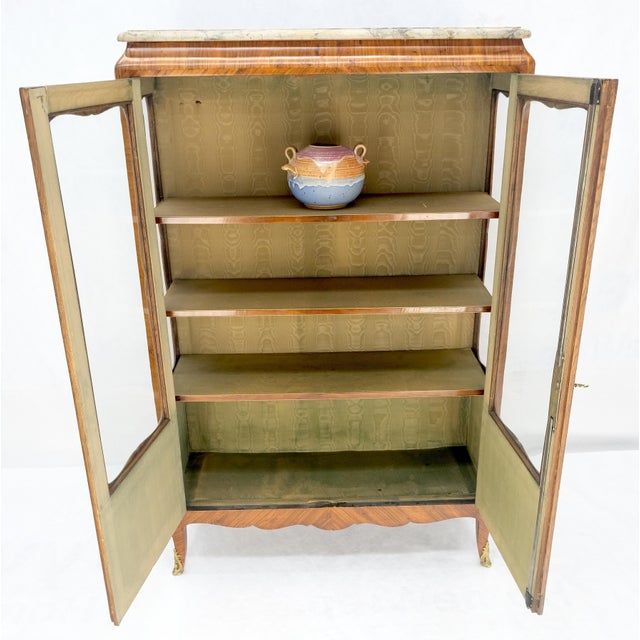 Double Glass Doors French Inlayed Marble Top Curio Cabinet Book Case For Sale - Image 12 of 12