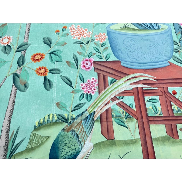 Not Yet Made - Made To Order Hand-Painted Chinoiserie Wallpaper Panels – Luxury Green Botanical Bird Mural, Elegant Floral Wall Art, 3 Panels 36x79” For Sale - Image 5 of 6