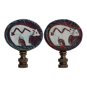 Raku Bear Lamp Finials on Bronze Hardware - a Pair