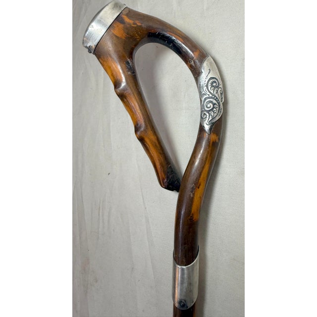 Wood Antique 19th Century Handmade Tooled Sterling Silver Wood Walking Stick Cane For Sale - Image 7 of 13