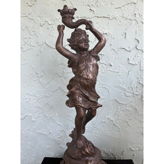 Rococo Antique-Style Figural Cherub Candle Holder in Cast Metal With Rococo Base 19.5” For Sale - Image 3 of 12