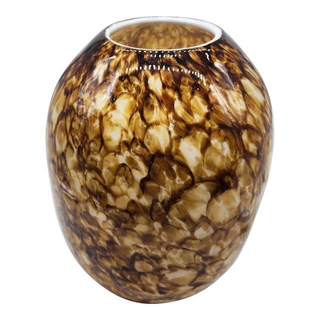 '80s Bulbous Hand Blown Cased Glass Tortoise Shell Vase- 13.75" X 10.5" For Sale