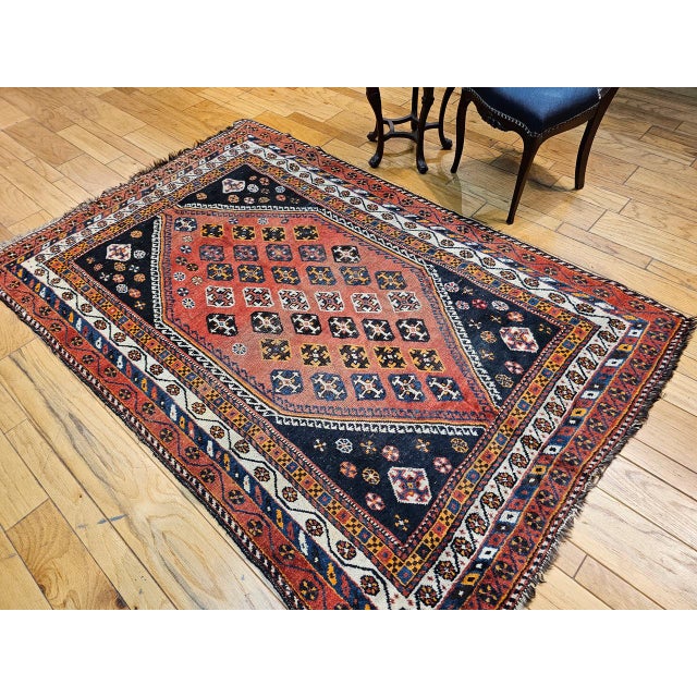 Vintage Qashqai Tribal Area Rug, Hand-Knotted Wool, Geometric Pattern, 5x7, Rust & Navy For Sale - Image 4 of 16