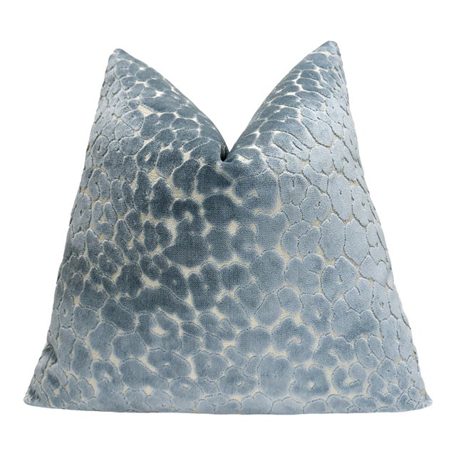 Sky Blue Leopard 20x20 Velvet Throw Pillow With Feather Down Insert For Sale