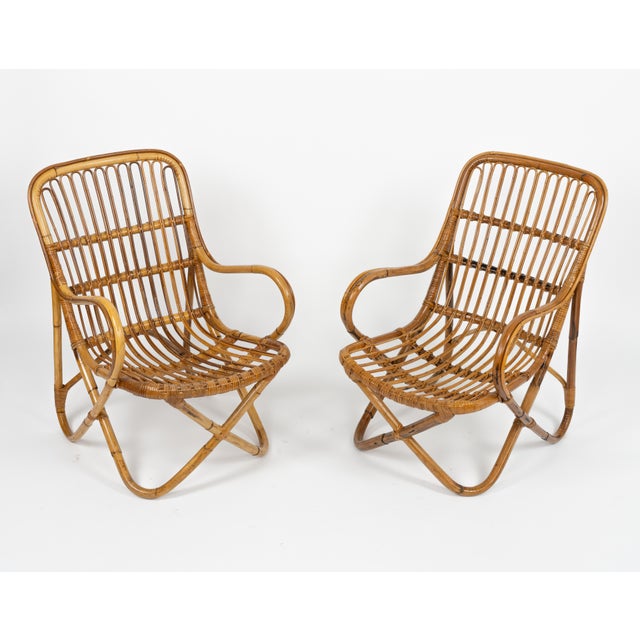 Mid-Century Bamboo and Rattan Armchairs in the style of Tito Agnoli, Italy 1960s For Sale - Image 10 of 16