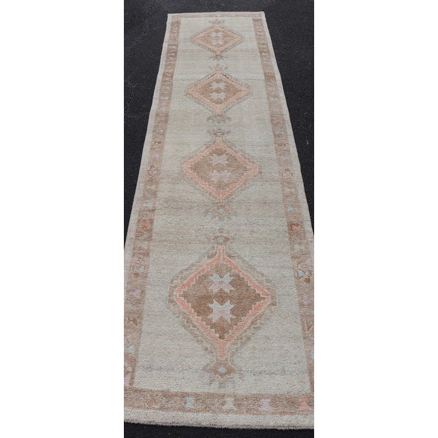 Peach Turkish Oushak Runner With Soft Ivory Field and Peach Geometric Medallions For Sale - Image 8 of 12