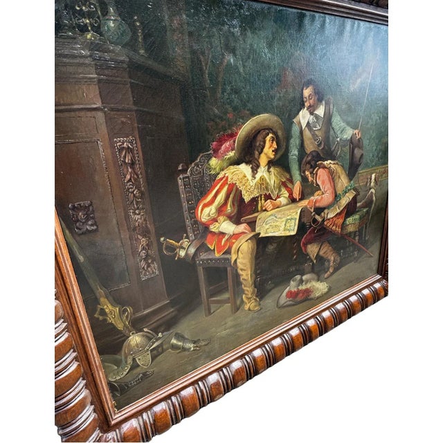 French Large Antique European Cavalier Interior Scene Oil Painting in Carved Wood Frame For Sale - Image 3 of 12