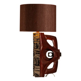 Wooden Table Lamp with Glazed Ceramic Decoration from Gianni Pinna, Italy, 1970s For Sale