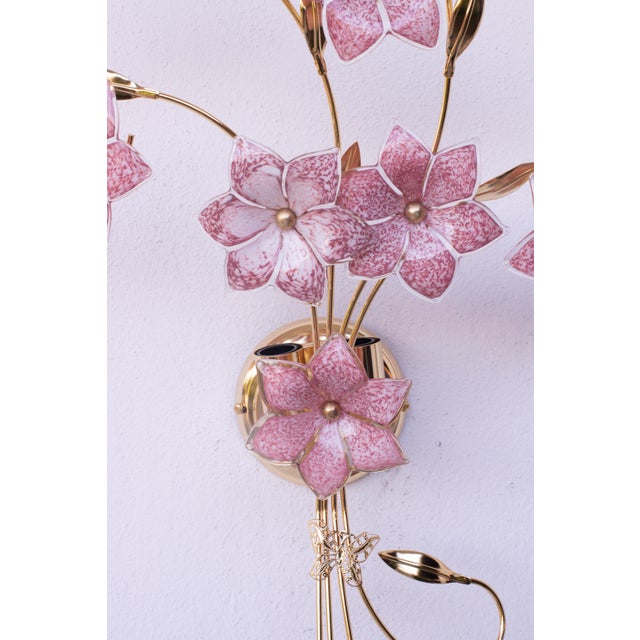 1970s Set of 2 Large Size Murano Wall Light Pink Flowers, 1970s For Sale - Image 5 of 12
