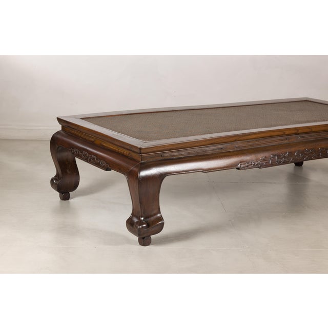 Early 20th Century Antique Chinese Elm Opium Bed Coffee Table with Woven Rattan Top and Scroll Legs For Sale - Image 5 of 18