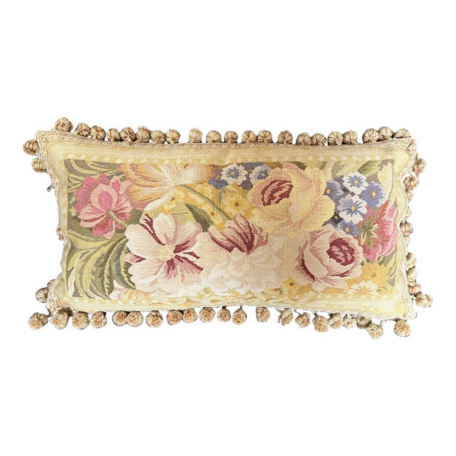 Antique 18th Century French Aubusson Tapestry Pillow With Passementerie Trim and Ball Tassel Fringe For Sale