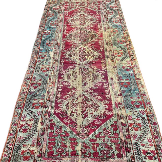 Turkish Antique Turkish Floral Runner 5x11 | Faded Red & Light Blue For Sale - Image 3 of 5