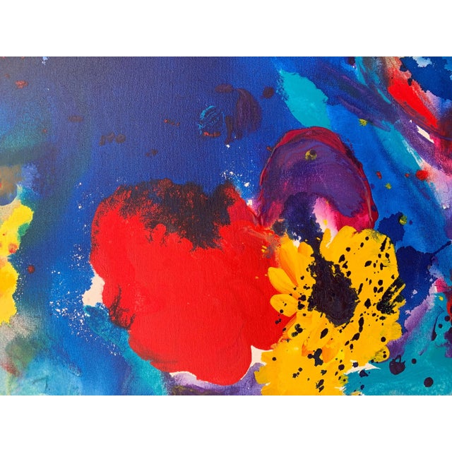 1990s Margaret Francis, Abstract Flowers Painting Blue Red Yellow Purple Colour by Modern British Artist, 1992 For Sale - Image 5 of 7