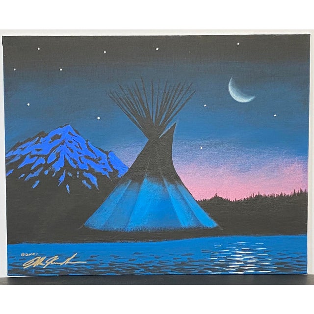 Allen KnowsHisGun has created a most handsome, serene painting of a rosy Montana sunset, new moon rise, and a sky filling...