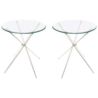 Vintage Silver-Plate Tripod and Glass Folding Side or Drink Tables 1960's For Sale