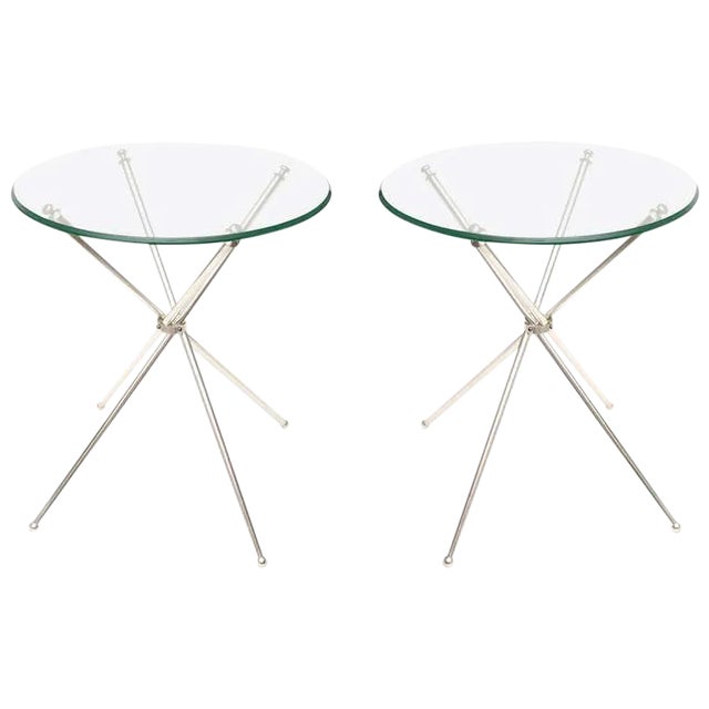 Vintage Silver-Plate Tripod and Glass Folding Side or Drink Tables 1960's For Sale