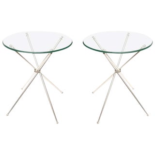 Vintage Silver-Plate Tripod and Glass Folding Side or Drink Tables Pair Of For Sale