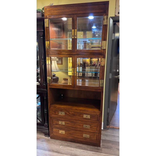 Brown 1970s Henredon Scene One Campaign Oak Lighted Display and Bar Cabinet For Sale - Image 8 of 9