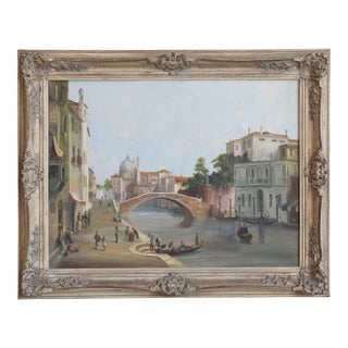 English 19th Century Oil Painting Depicting a Venetian Scene in Carved Frame For Sale
