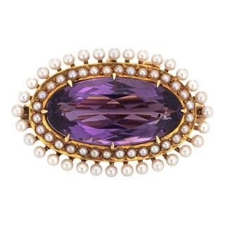 Antique Victorian Krementz Amethyst Pearl Pendant Brooch 14k Yellow Gold Jewellery For Sale