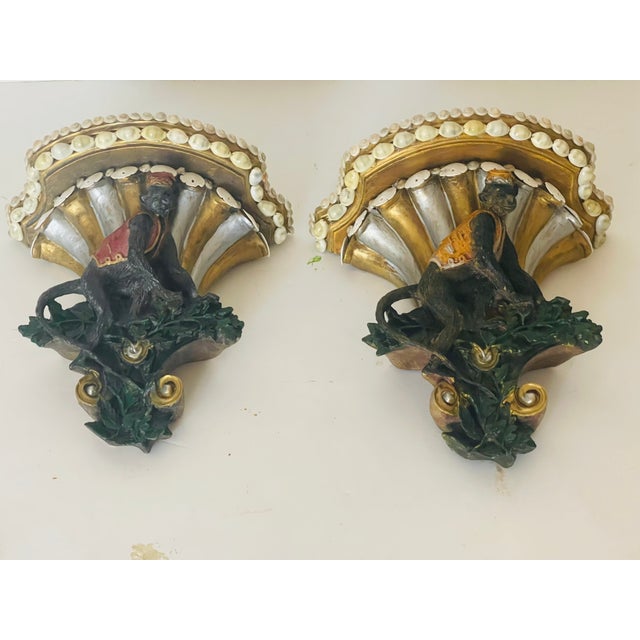 1960s Whimsical Pair of Monkey Servants Wall Brackets Cornell’s With Sea Shells For Sale - Image 4 of 8