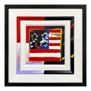 Peter Max, Flag Original Painting on Canvas, Signed, 19 X 19 In. Custom Framed, 2008 For Sale