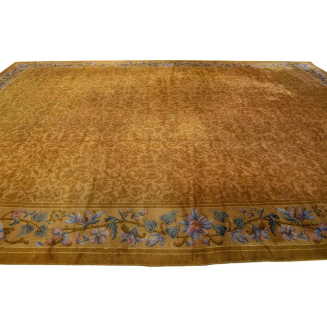 Early 20th Century Antique Savonnerie Handmade Golderod Wool Rug With Allover Floral Motif For Sale - Image 5 of 8
