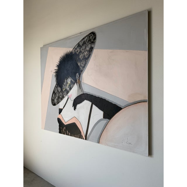 Large 1980s Postmodern Art Deco Style Woman Portrait Acrylic on Canvas Painting – Signed For Sale - Image 4 of 16